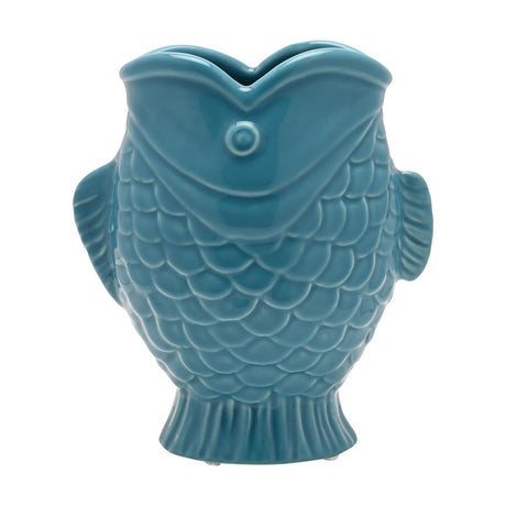 Glazed Carp Stoneware Vase in light blue, shaped like an upright fish with raised scales, side fins, round eyes and a wavy tail base, on a plain white background.