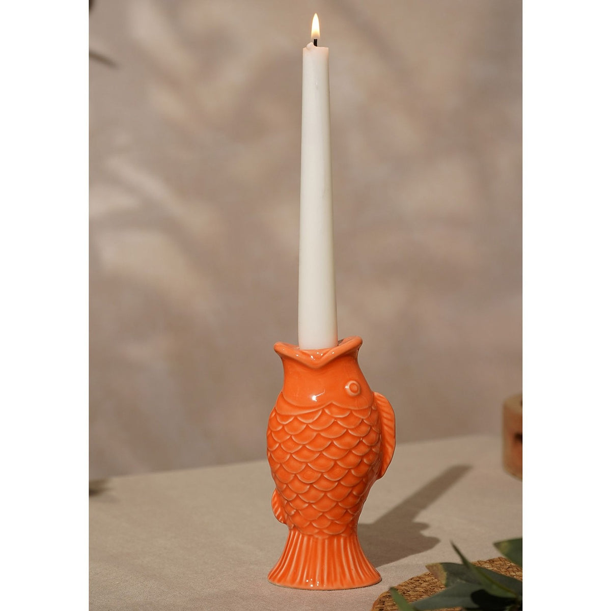 Upright Carp Glazed Stoneware Taper Candle Holder - Orange