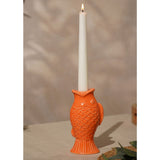 Upright Carp Glazed Stoneware Taper Candle Holder - Orange