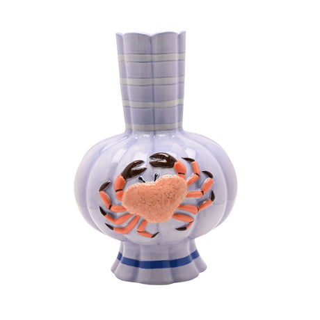 Ceramic vase in periwinkle blue with a ribbed, lobed body and fluted, striped neck with scalloped rim, featuring a raised hand-painted orange crab, on a white background.