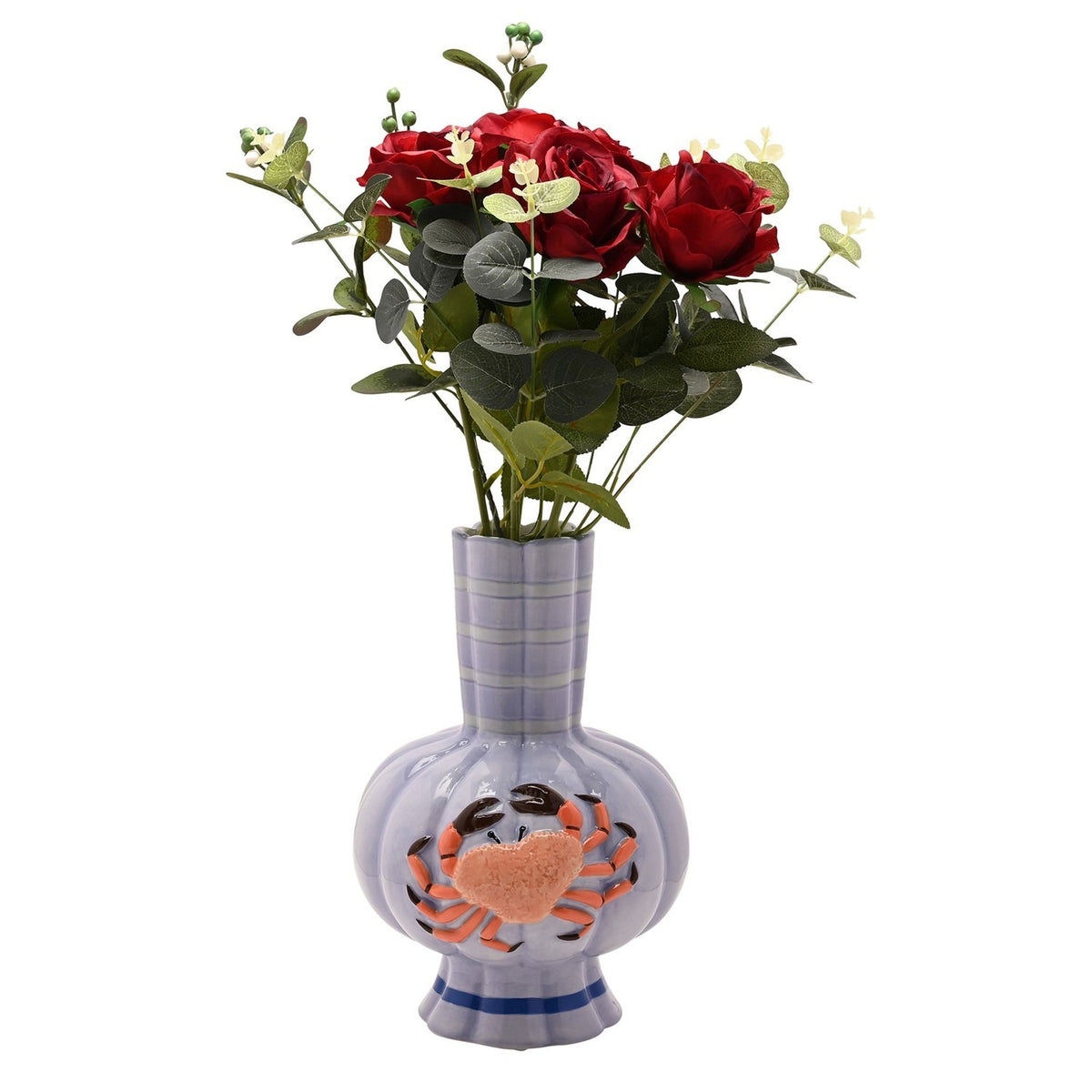 Hand-painted ceramic vase in periwinkle blue with a ribbed body, fluted striped neck, scalloped rim, and a textured orange crab design, shown with red roses on a white background.