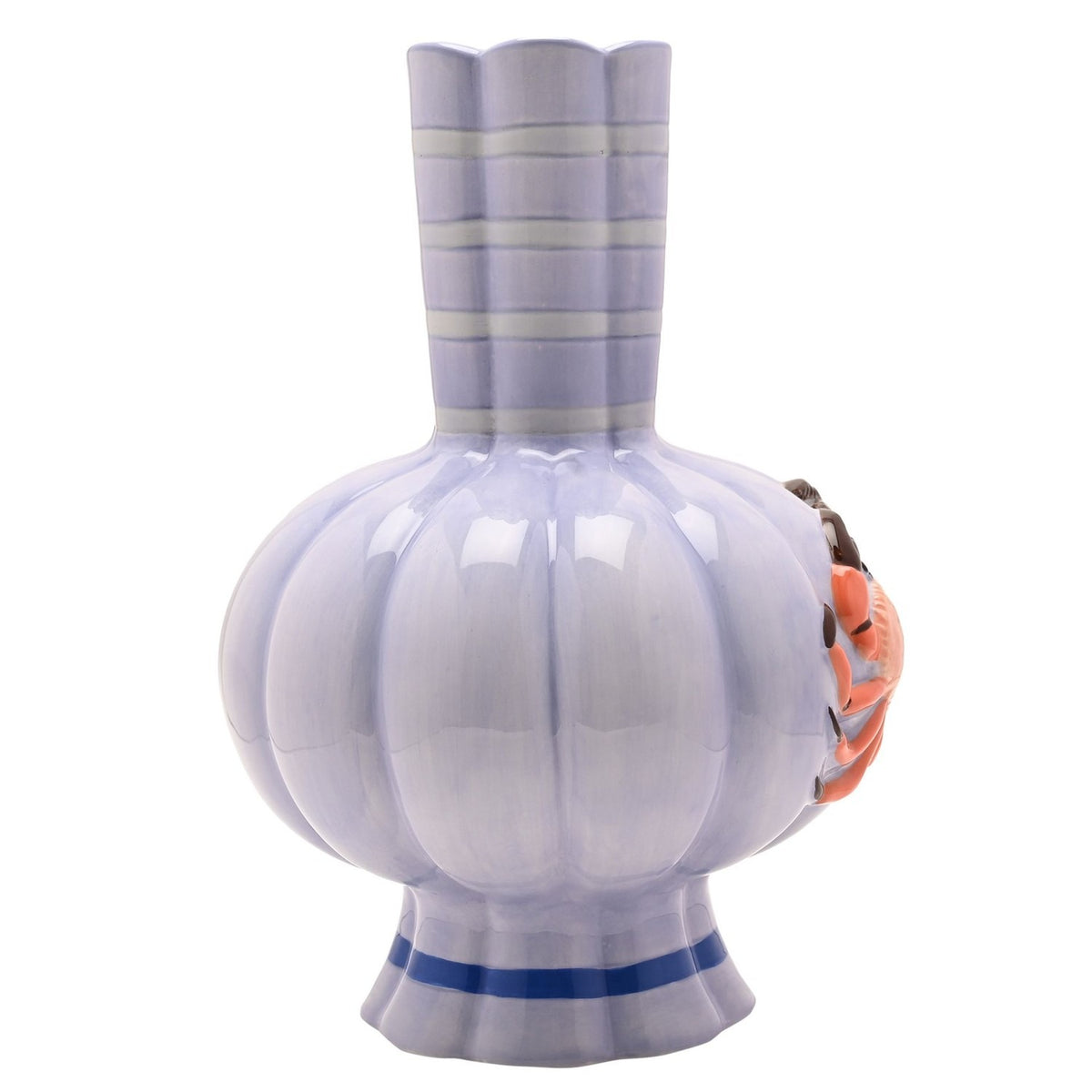 Hand-painted ceramic vase in periwinkle blue with ribbed lobed body, fluted striped neck, scalloped rim, and raised orange crab detail, shown on a plain white background.