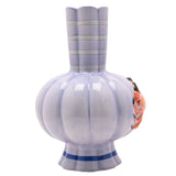 Hand-painted ceramic vase in periwinkle blue with ribbed lobed body, fluted striped neck, scalloped rim, and raised orange crab detail, shown on a plain white background.