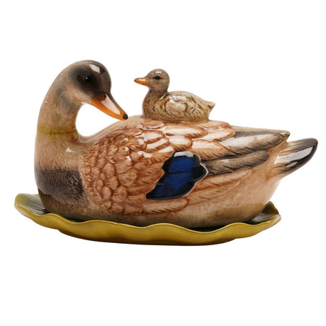 Mallard and Duckling Earthenware Butter Dish - Brown & Green