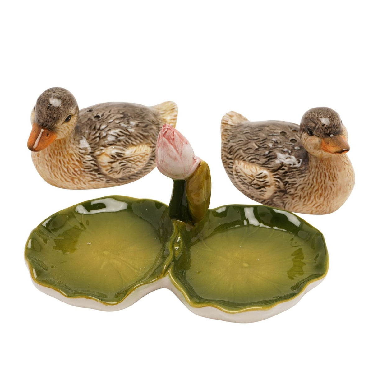 Lily Pad Duckling Earthenware Salt & Pepper Set - Brown & Green