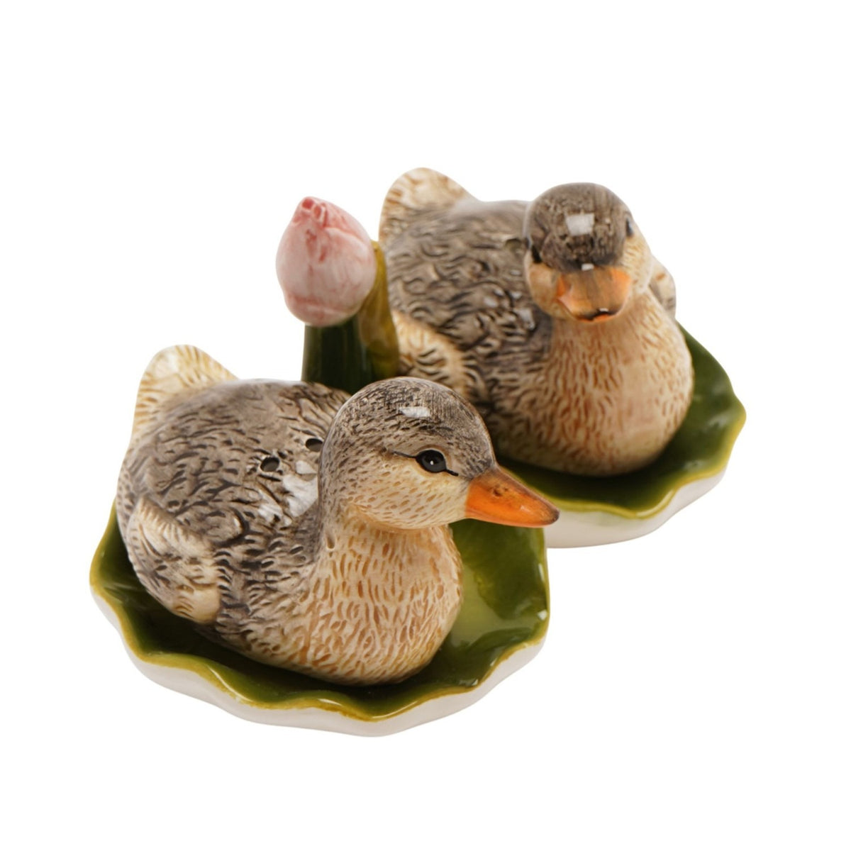 Lily Pad Duckling Earthenware Salt & Pepper Set - Brown & Green