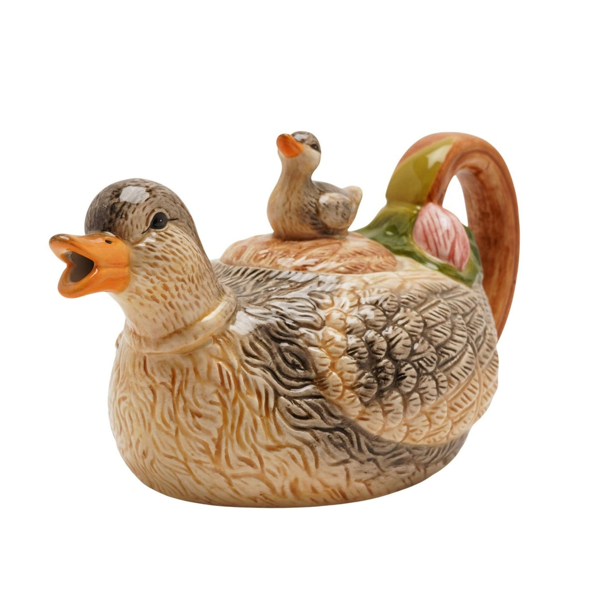 Duck & Duckling Earthenware Teapot 840ml in beige and grey, shaped as a duck with open orange beak spout, duckling lid knob, textured feathers and brown handle, on a plain white background.