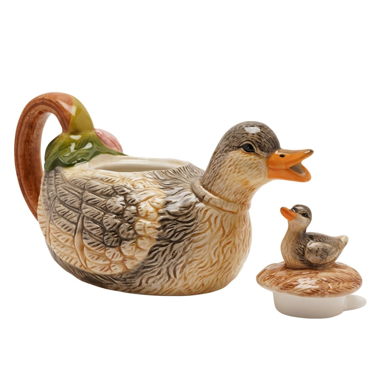Earthenware duck-shaped teapot in beige and grey with raised feather detail, orange open-beak spout, brown handle, and a duckling-shaped lid knob, shown on a white background.