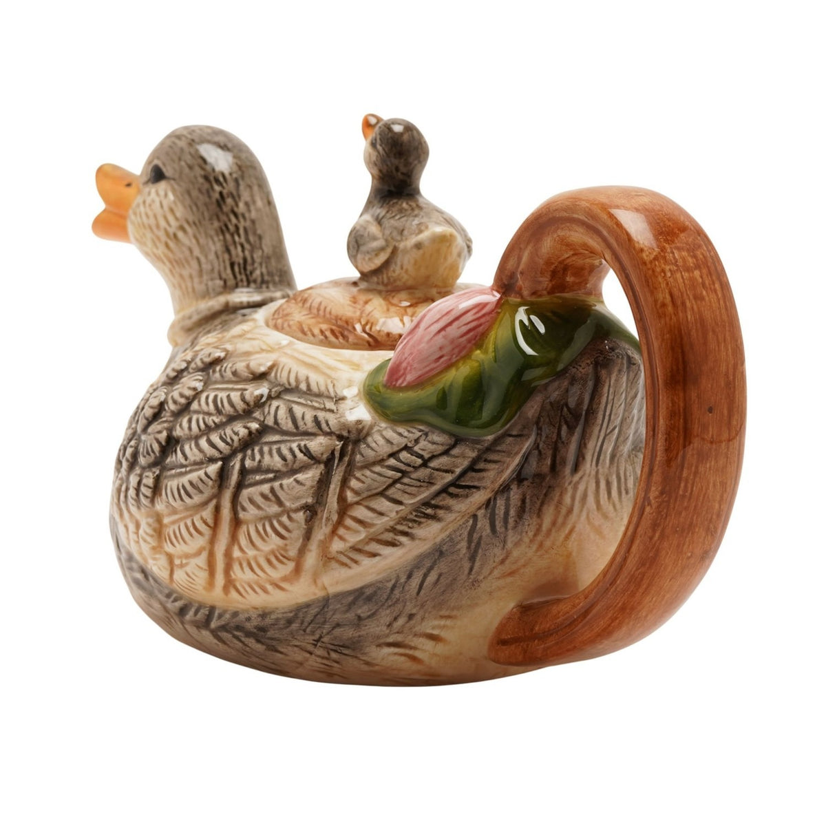 Duck & Duckling Earthenware Teapot 840ml in beige and grey, shaped as a duck with open beak spout, duckling lid knob, feather detail and brown handle, shown on a plain white background.