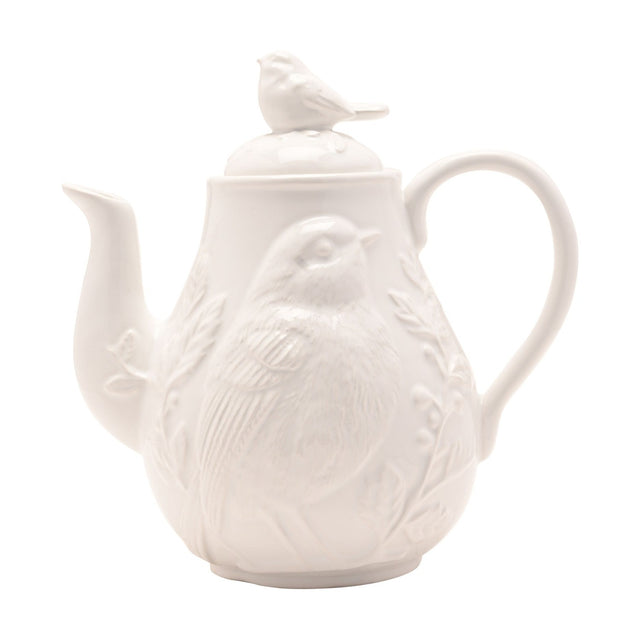 White ceramic earthenware teapot with embossed bird and floral relief design, curved spout and handle, bird-shaped lid knob, 1300ml, on a plain background.