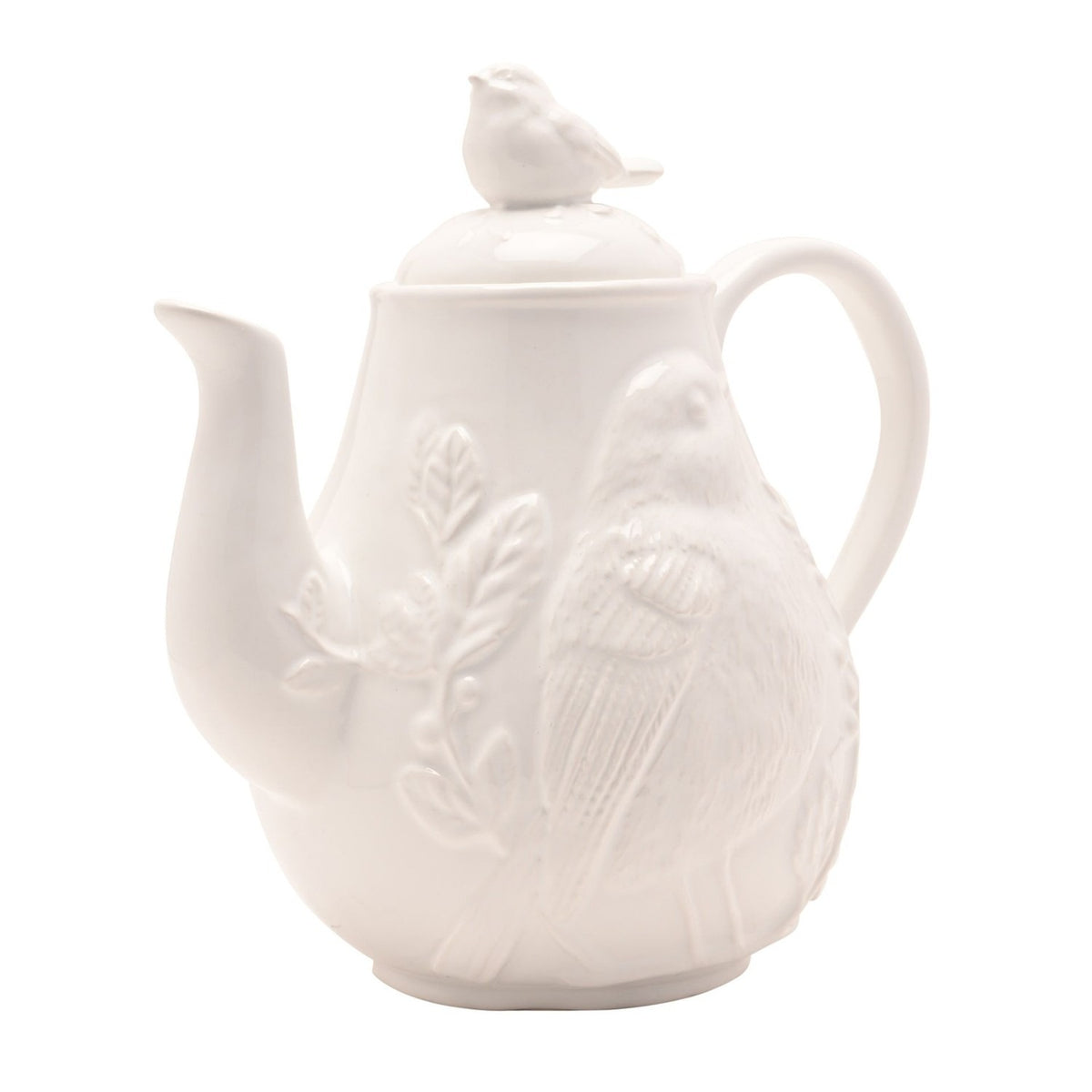 Tall white earthenware teapot with an embossed songbird among leafy sprigs on the body, a bird-shaped knob on the lid, and a curved handle and spout, shown against a plain background.