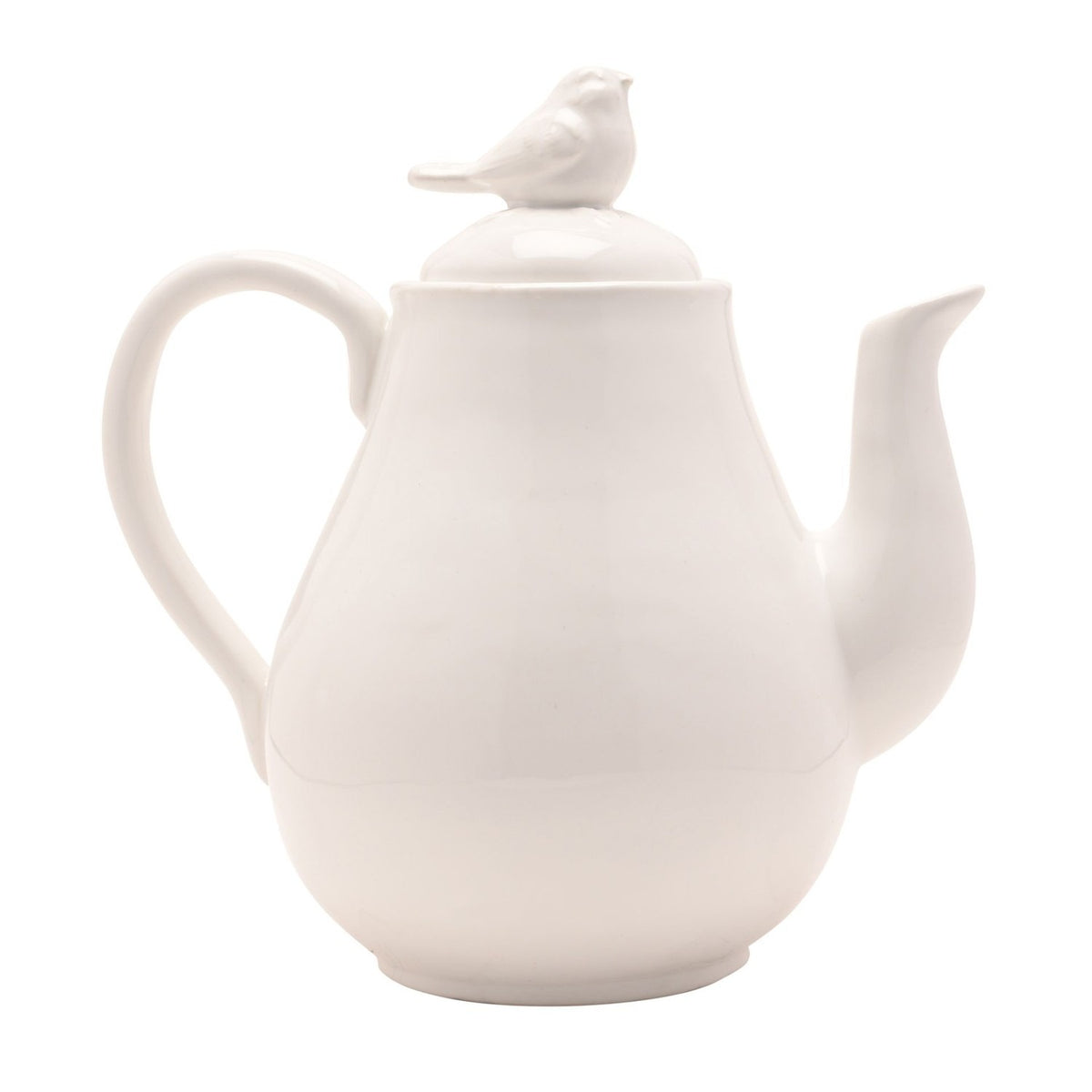 Tall white earthenware teapot with a curved handle, scrolled spout, and a small bird figure perched atop the domed lid, shown against a plain white background.