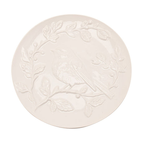 Round white earthenware dessert plate, 22.2cm, with a raised relief design of a bird on a leafy branch and berry sprigs curving toward the rim, shown on a plain white background.