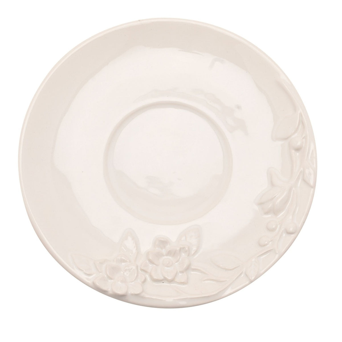 White earthenware saucer from the Floral Bird Teacup & Saucer Set, round with a raised floral and foliage design along one edge, shown on a plain white background.