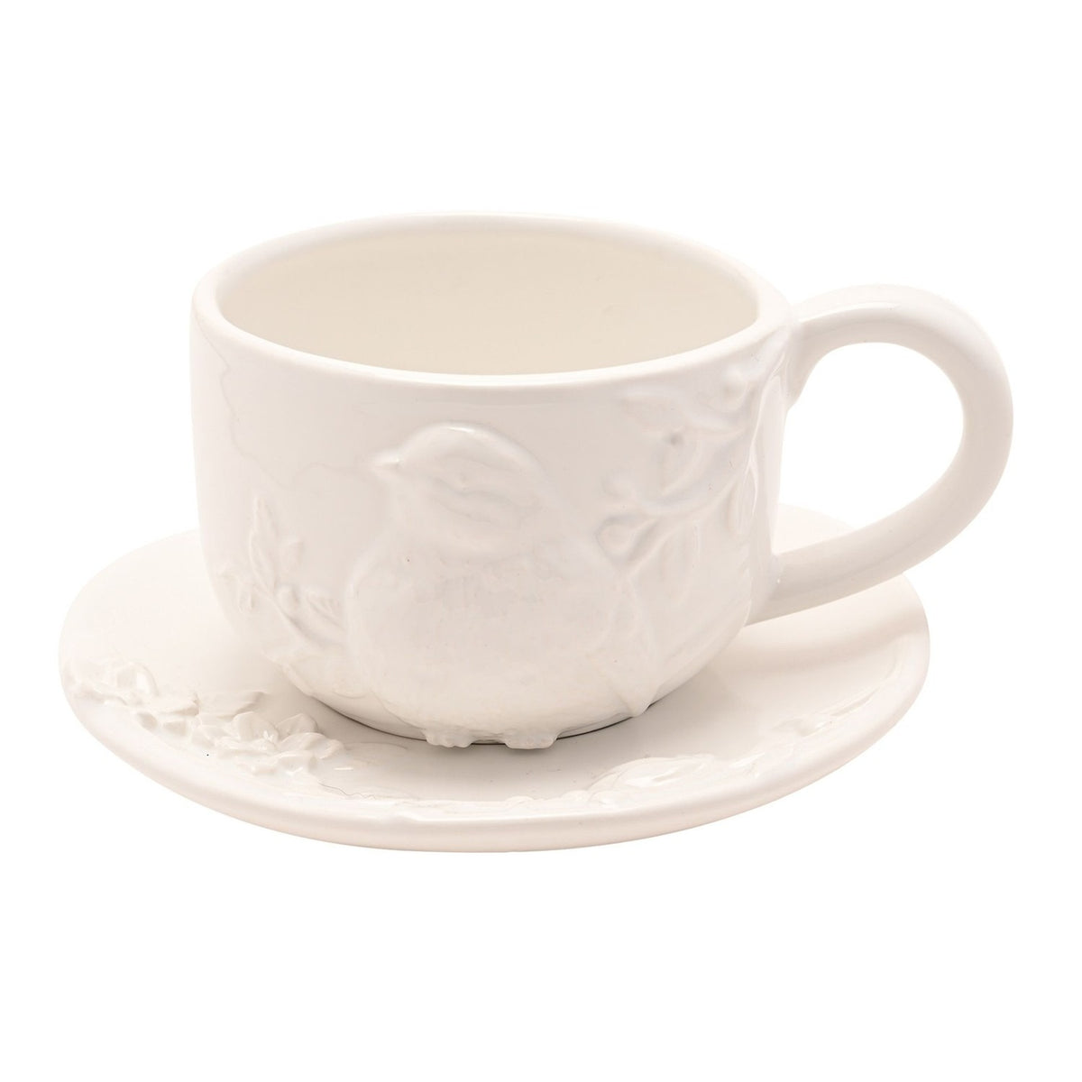 White earthenware teacup and saucer, 400ml, with a raised bird and foliage design moulded in relief on the cup, plain white background.