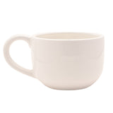 White earthenware teacup with curved handle and rounded bowl shape, plain glossy finish, shown against a plain white background.