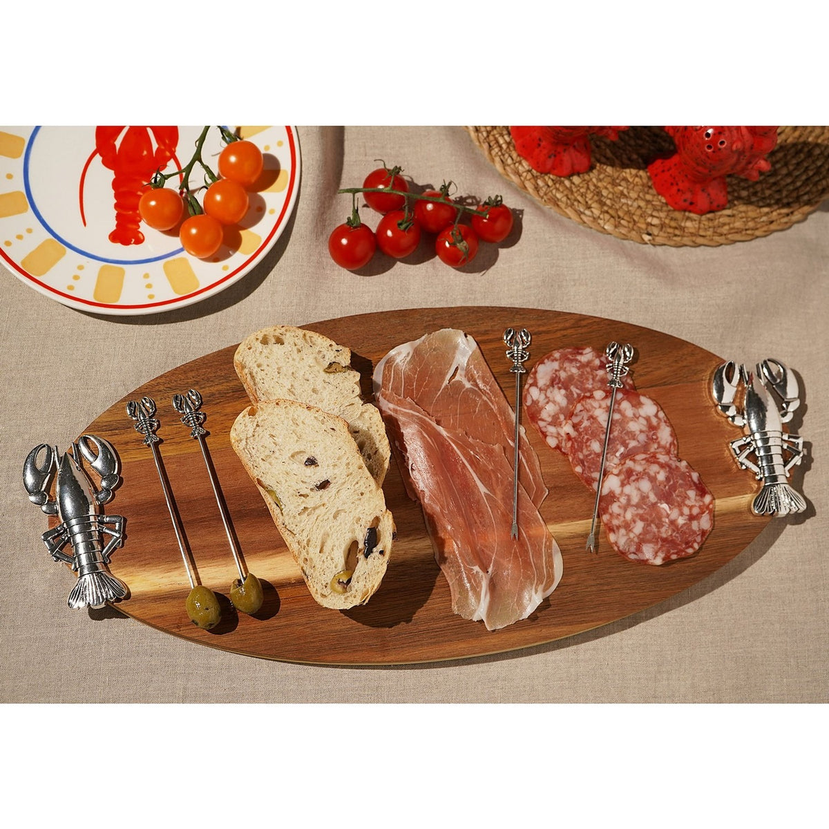 Lobster Oval Wooden Serving Board with 4 Picks - Natural