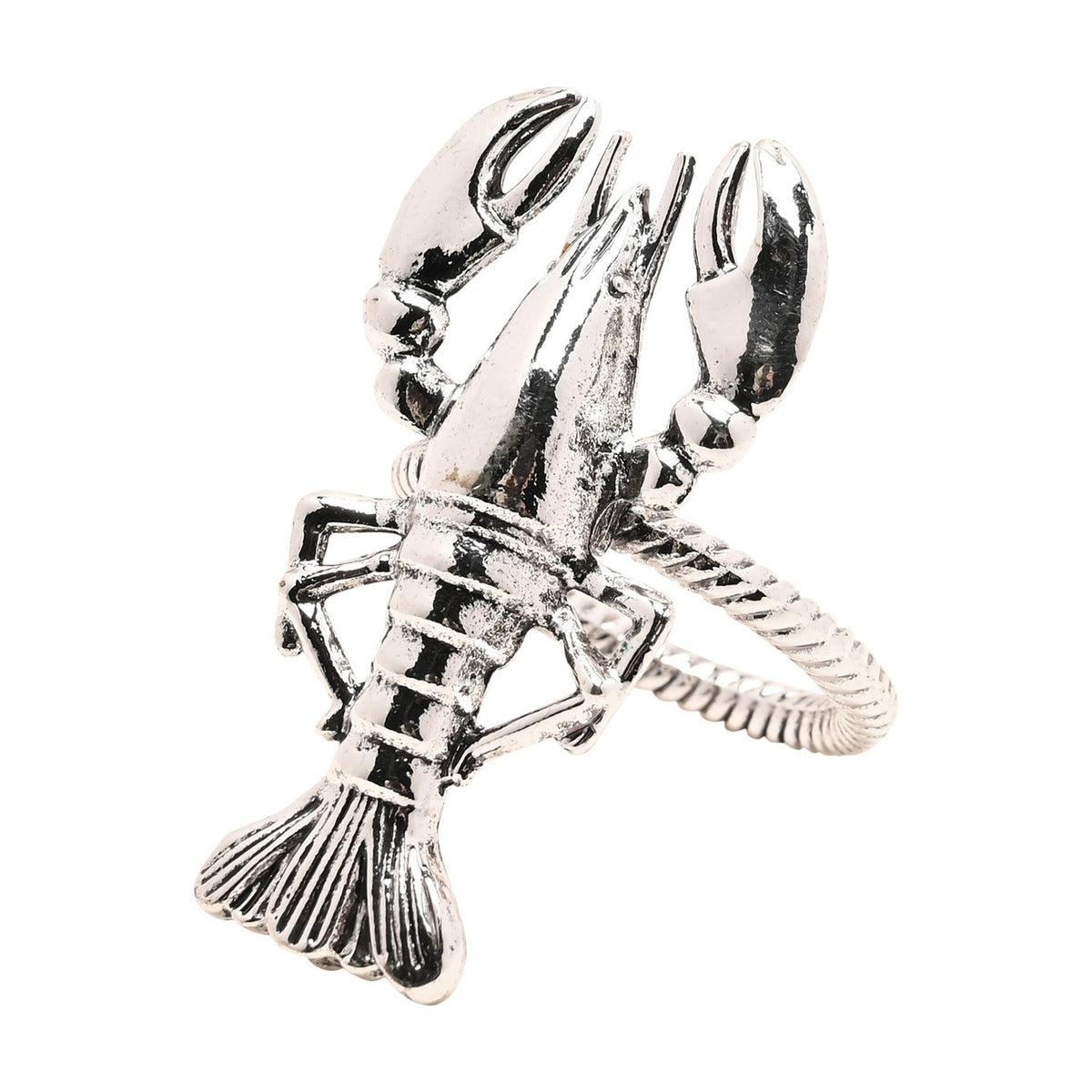 Silver metal lobster napkin ring with raised claws, jointed legs, ridged body and fanned tail on a twisted band, shown against a plain white background.