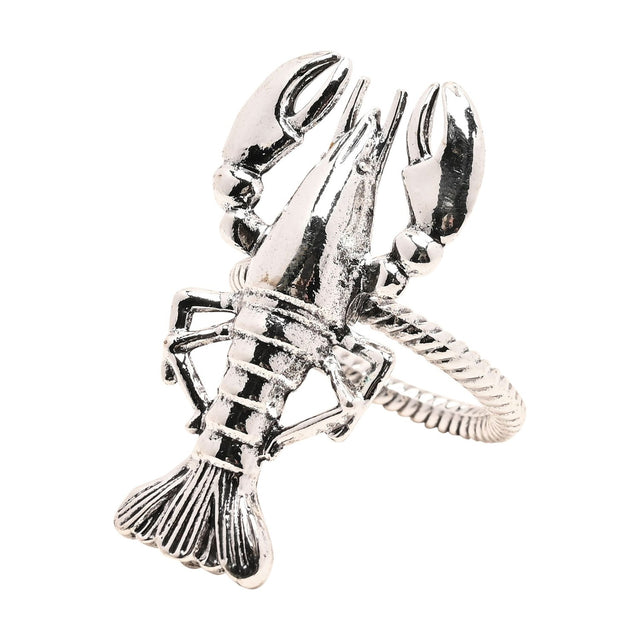 Silver metal lobster napkin ring with raised claws, jointed legs, ridged body and fanned tail on a twisted band, shown against a plain white background.