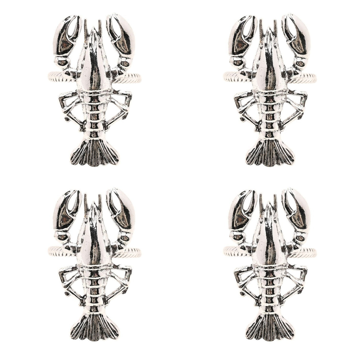 Set of four silver metal lobster napkin rings with twisted bands, showing detailed claws, legs and fanned tails, shown on a plain white background.