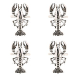 Set of four silver metal lobster napkin rings with twisted bands, showing detailed claws, legs and fanned tails, shown on a plain white background.