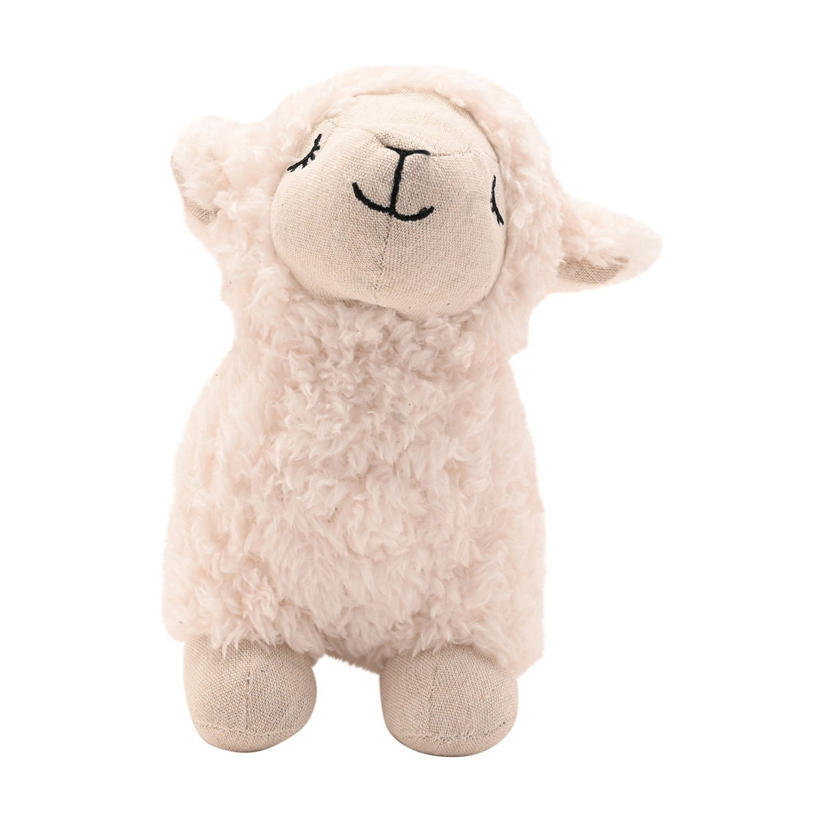 Sleepy Curly Lamb Door Stop with a white curly textured body, beige face and feet, and embroidered closed eyes and smile, shown standing against a plain white background.