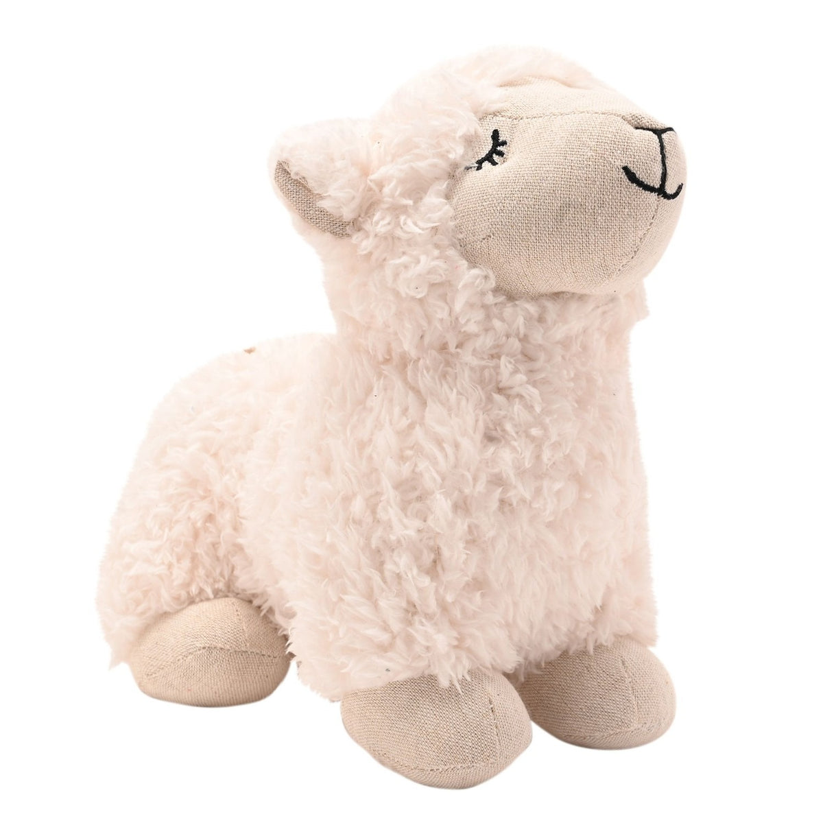 Sleepy Curly Lamb Door Stop in white, with curly textured coat, beige face, inner ears and feet, embroidered closed eyes and stitched nose, shown on a plain white background.