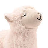 Close-up of the Sleepy Curly Lamb Door Stop in white, showing its curly textured coat, beige face, embroidered closed eyes and stitched nose on a plain white background.