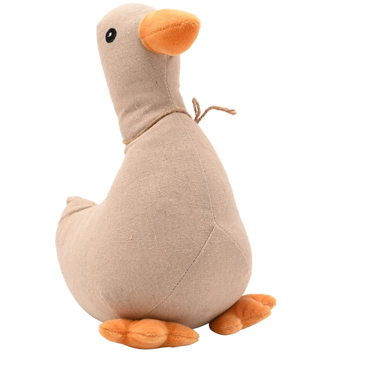 Fabric duck door stop with rounded body, upright neck, orange beak and webbed feet, jute cord bow at neck, shown on a plain white background.