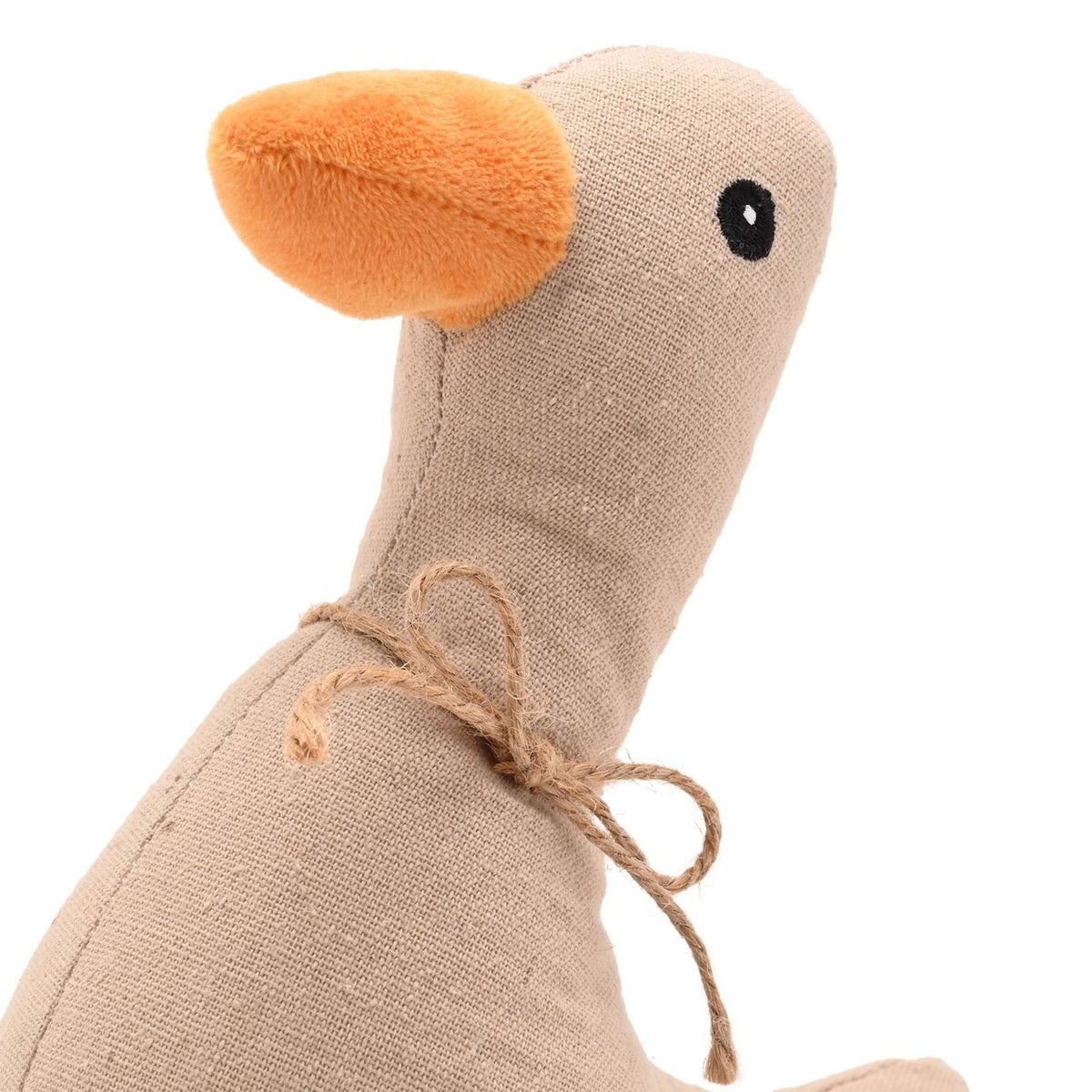 Close-up of the Duck Door Stop showing its woven-look light brown fabric, orange plush beak, embroidered black eye, and jute cord bow tied at the neck, on a plain white background.