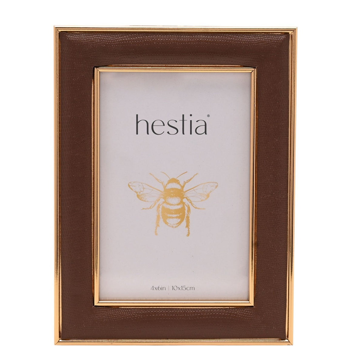 Freestanding rectangular photo frame in brown textured plastic with gold-coloured edge trim, holding a 4x6in sample print on a plain white background.