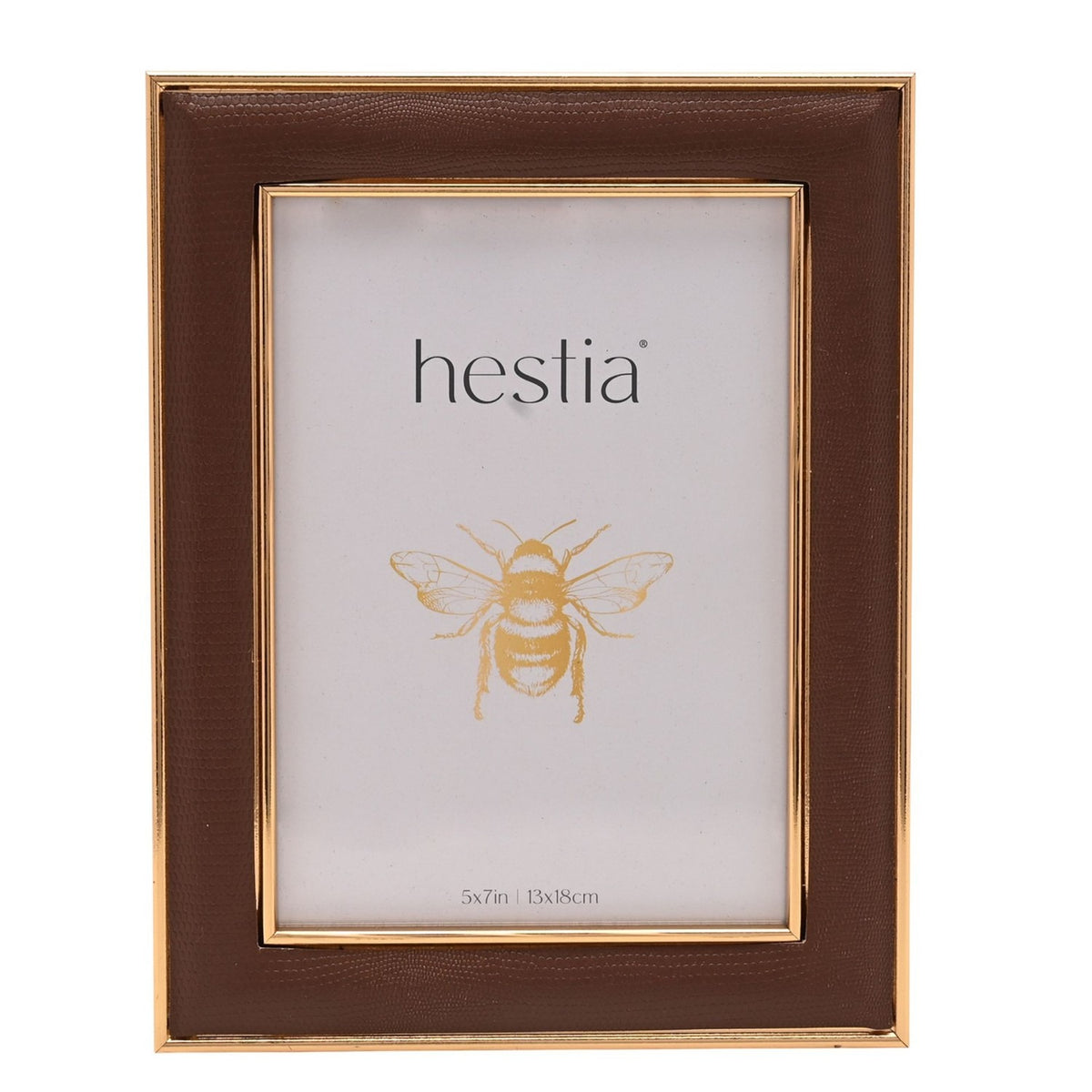 Freestanding rectangular photo frame with textured brown surround and gold-coloured edging, plastic construction, shown on a plain white background holding a sample 5x7in insert.