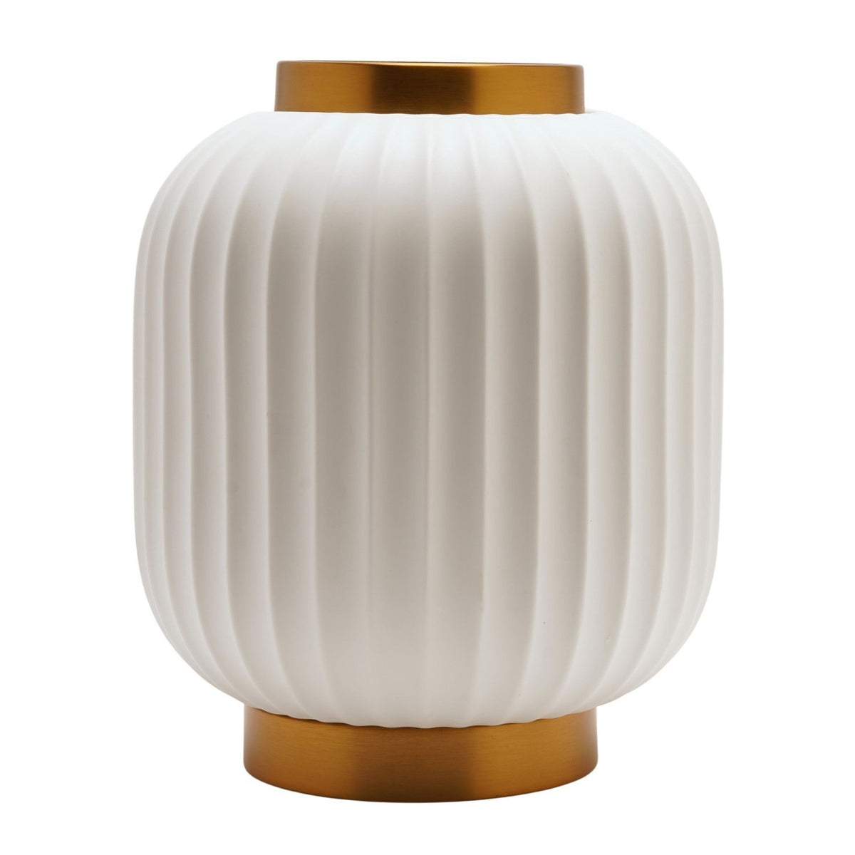 Small ribbed lantern-style porcelain table lamp in matt white, with gold bands at the crown and base, shown on a plain white background.