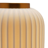 Close-up of the Small Ribbed Lantern Style Porcelain Table Lamp in white, showing deep vertical ribs and a gold crown band, on a plain background.
