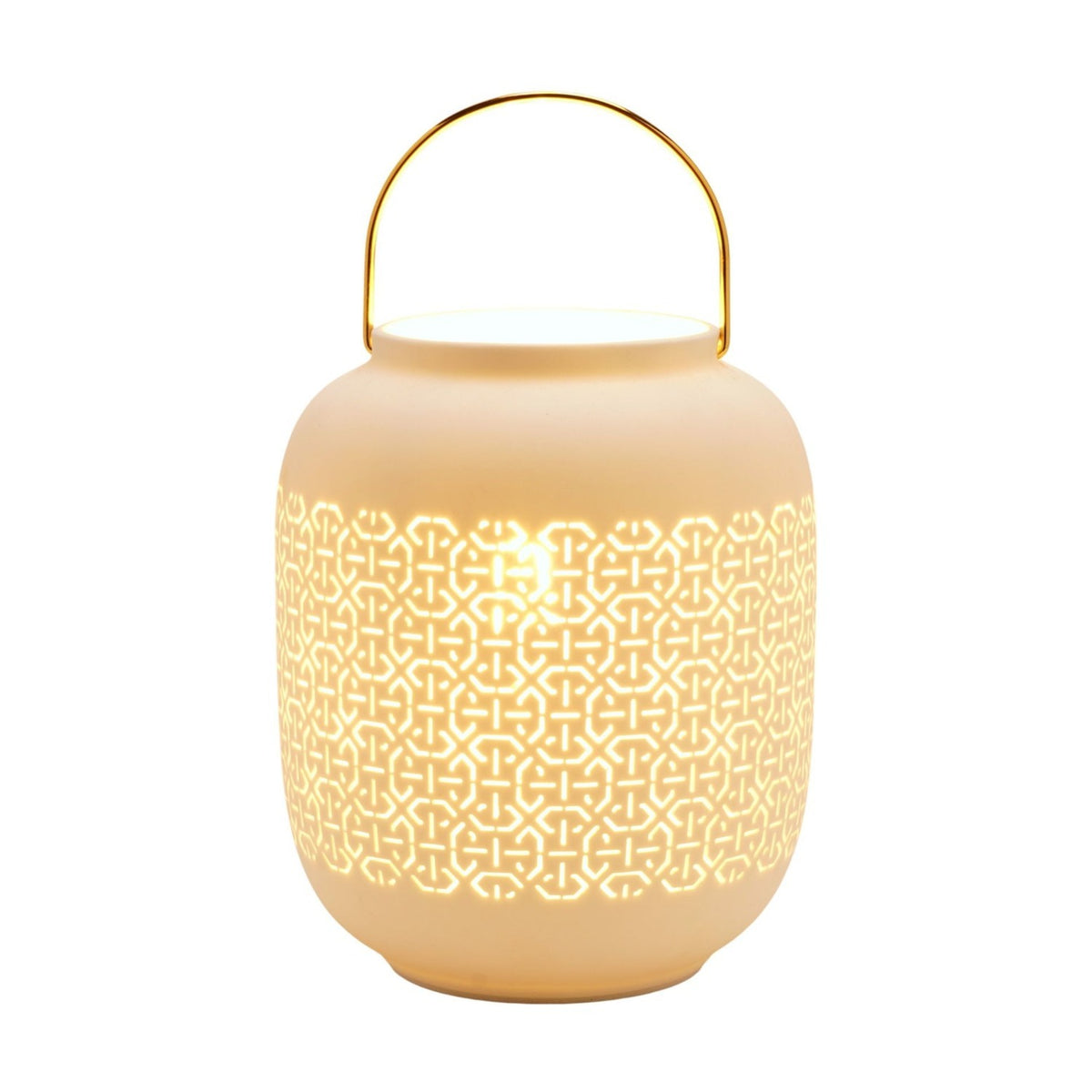 White porcelain lantern table lamp with a rounded body, cut-out geometric lattice band lit from within, and a curved gold-coloured handle, shown on a plain white background.
