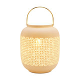 White porcelain lantern table lamp with a rounded body, cut-out geometric lattice band lit from within, and a curved gold-coloured handle, shown on a plain white background.