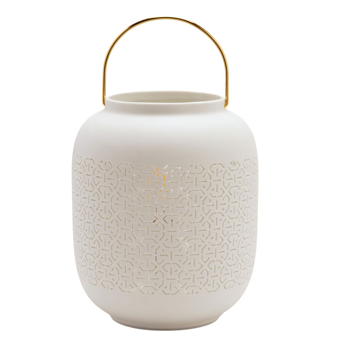 White porcelain lantern table lamp with rounded body, wide open rim, arched gold-coloured handle, and cut-out geometric lattice pattern around the middle, on a plain white background.