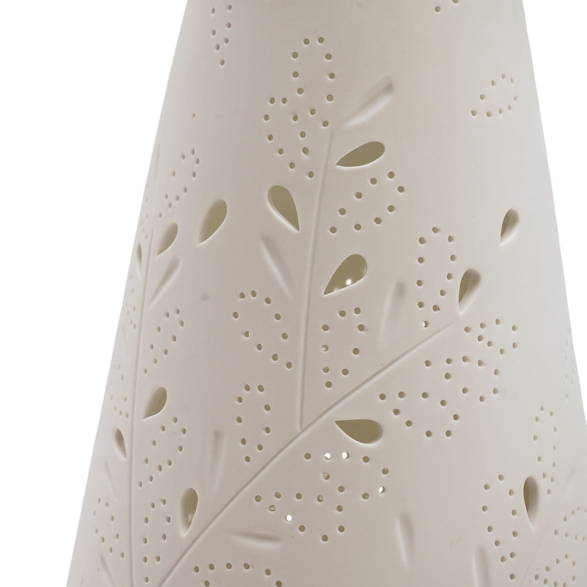 Close-up of the Leaf Silhouette Tall Tapered Ceramic Table Lamp in white, showing pierced dot trails and teardrop leaf cutouts with incised stem detailing on a plain background.