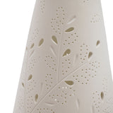 Close-up of the Leaf Silhouette Tall Tapered Ceramic Table Lamp in white, showing pierced dot trails and teardrop leaf cutouts with incised stem detailing on a plain background.