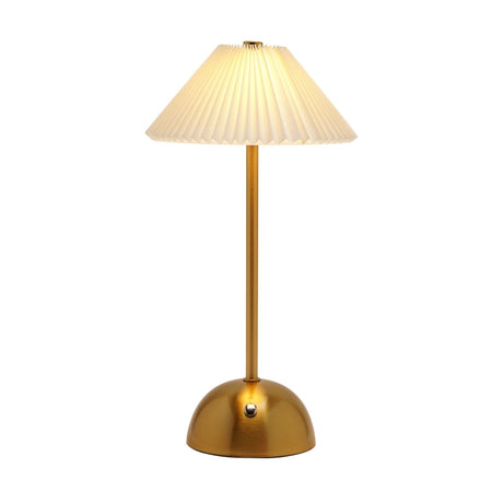 Pleated Shade USB LED Touch Table Lamp with a cream crisp-pleated shade on a slim brushed bronze stem and dome base, shown on a plain white background.