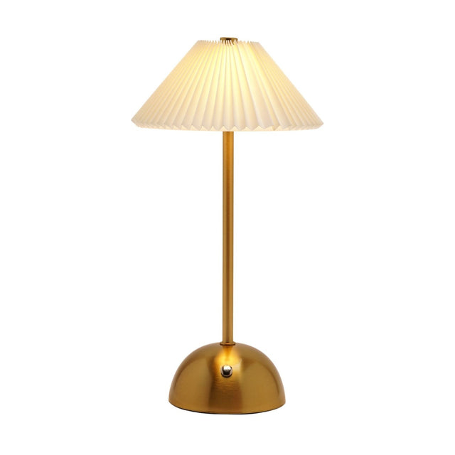 Pleated Shade USB LED Touch Table Lamp with a cream crisp-pleated shade on a slim brushed bronze stem and dome base, shown on a plain white background.