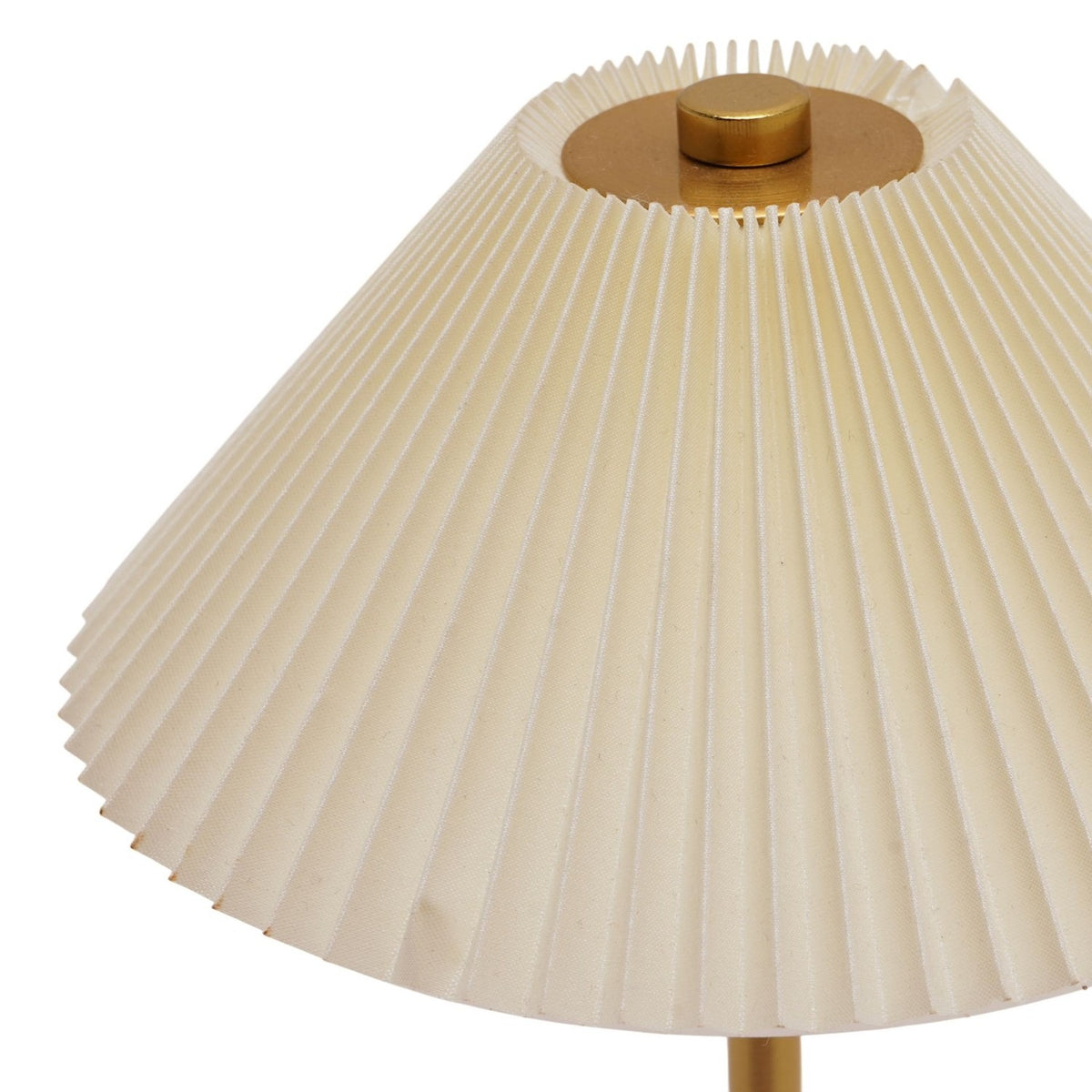 Close-up of the Pleated Shade USB LED Touch Table Lamp, showing the cream pleated fabric shade with a brushed bronze finial and stem, against a white background.