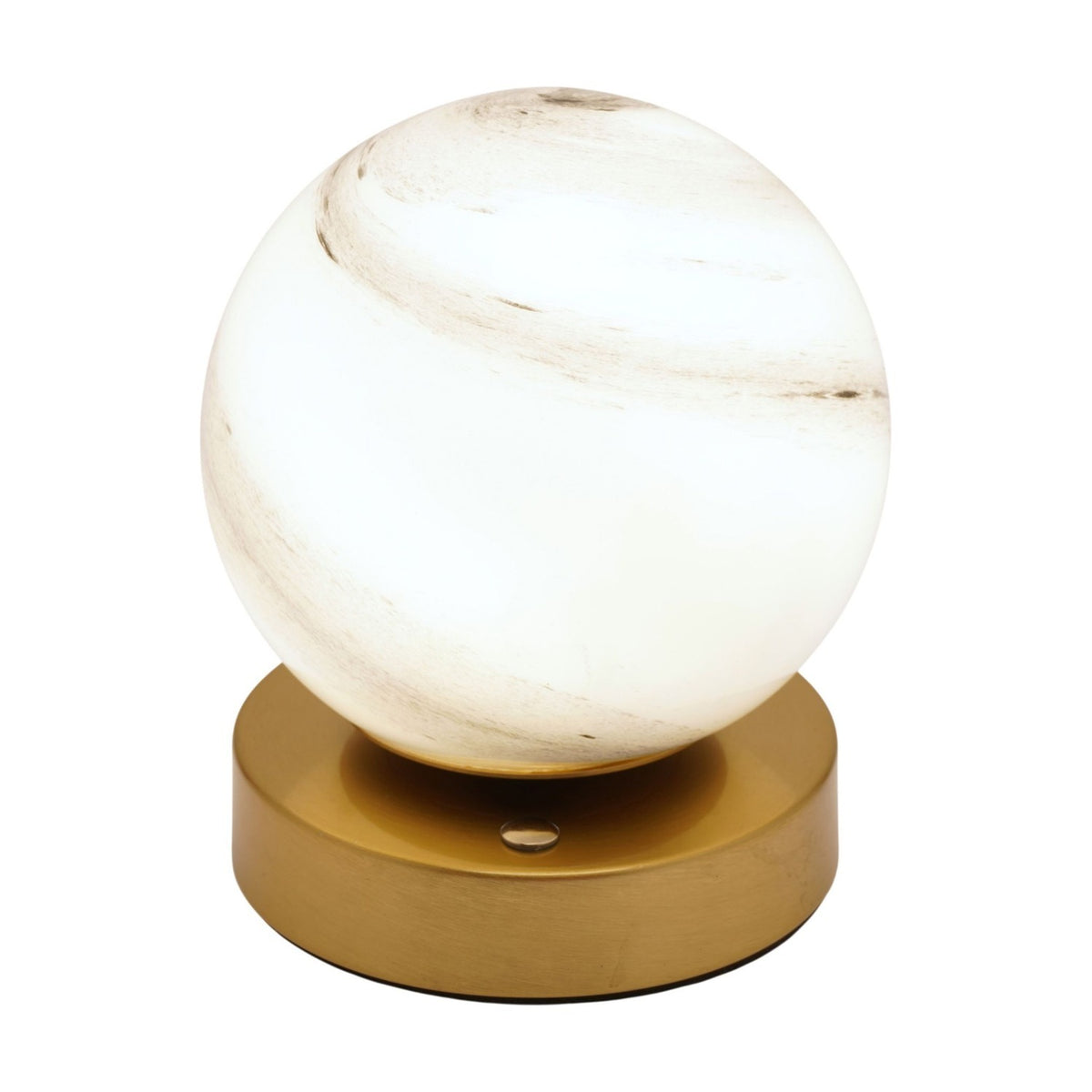 Marbled Glass Ball USB LED Touch Table Lamp with round white glass globe, grey-tan swirls, and a low brushed bronze base on a plain white background.