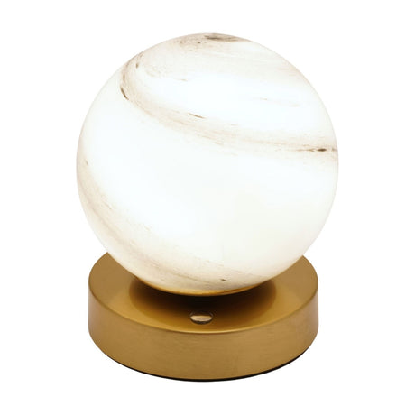 Marbled Glass Ball USB LED Touch Table Lamp with round white glass globe, grey-tan swirls, and a low brushed bronze base on a plain white background.