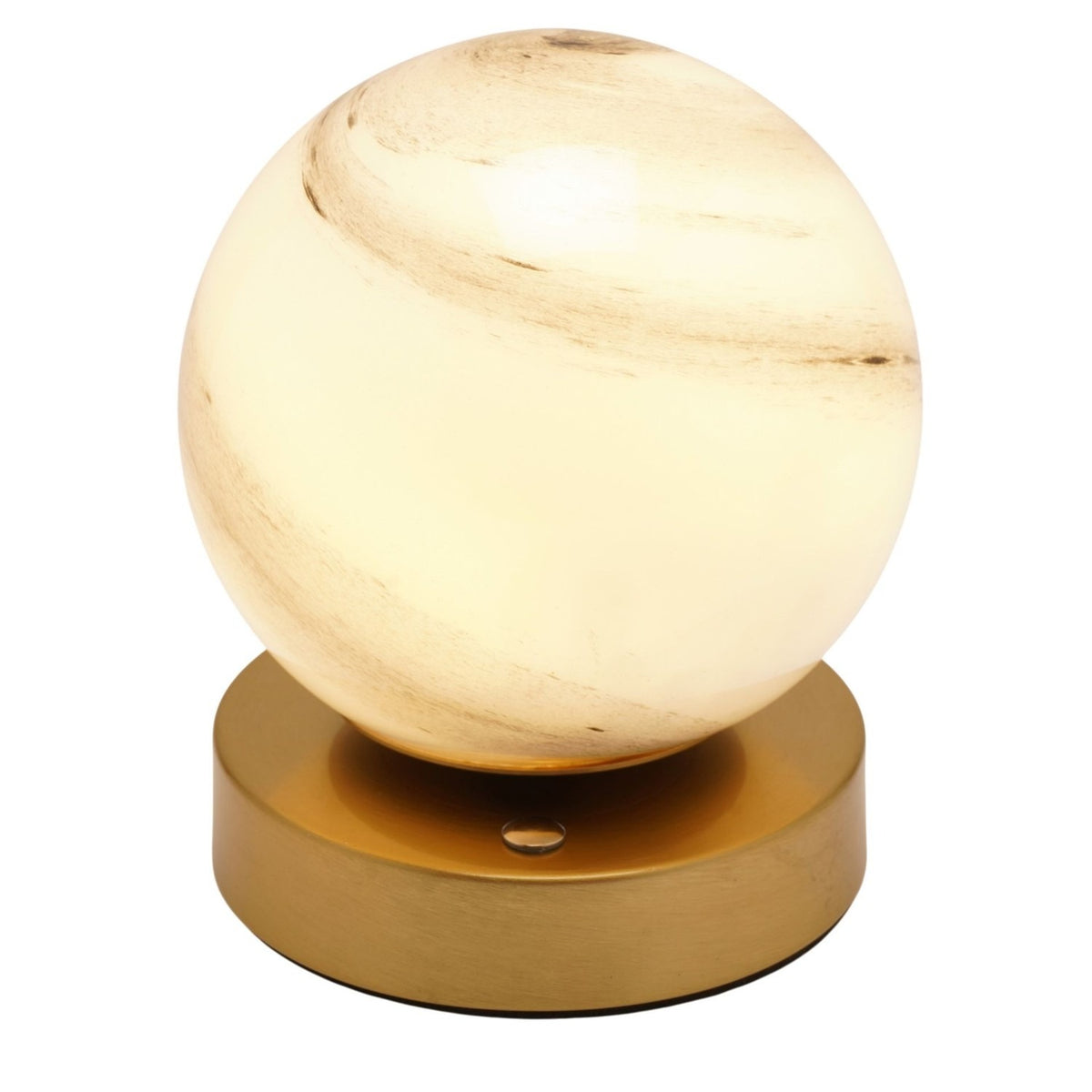 Marbled Glass Ball USB LED Touch Table Lamp with round white glass globe, grey swirl marbling, glowing warm cream, set on a low brushed brass-toned base against a plain white background.