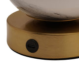 Close-up of the Marbled Glass Ball USB LED Touch Table Lamp's bronze-toned base, showing the brushed metal finish and a USB-C port.