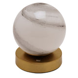 Marbled Glass Ball USB LED Touch Table Lamp with a round white and grey swirled glass globe on a brushed brass-toned round base, shown on a plain white background.