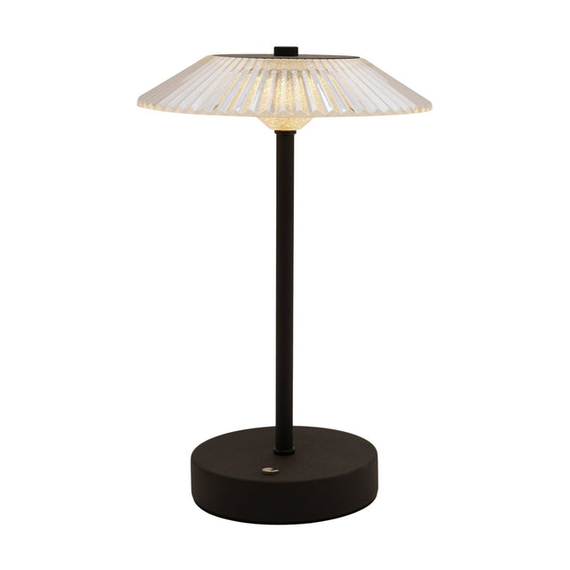Ribbed glass USB LED touch table lamp with a clear fluted, fan-shaped shade atop a slim black stem and round black base, shown lit against a plain white background.