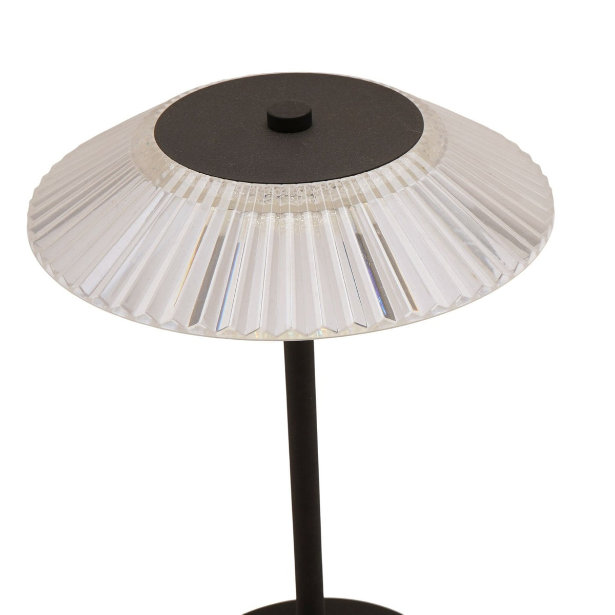 Close-up of the Ribbed Glass USB LED Touch Table Lamp showing the clear fluted shade with black centre cap and slim black stem, on a white background.