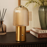 Ribbed Dome USB LED Touch Table Lamp with champagne ribbed glass shade and brushed bronze cylindrical base, shown lit on a dark cabinet beside books and a vase.